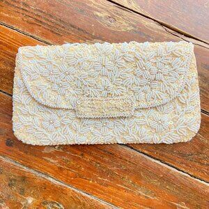 Vintage 50s 60s Handmade Mod White Cream Bead Sequin Clutch Purse Hong Kong